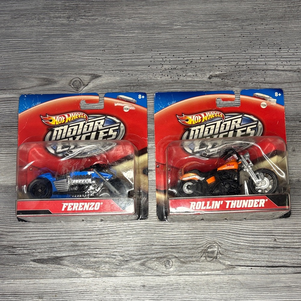2012 Mattel Hot Wheels Motor Bikes - Blue Ferenzo  and Orange Rollin’ Thunder
